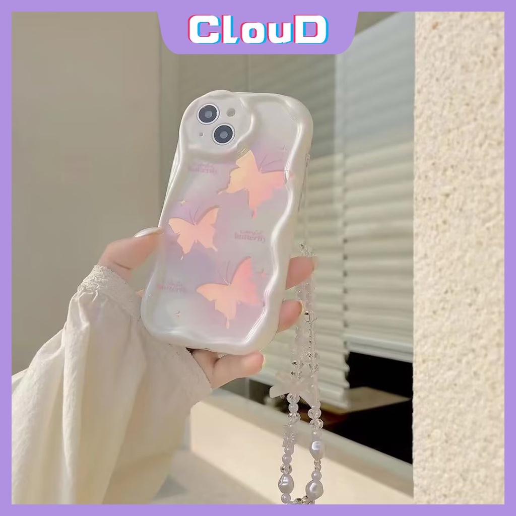 IPHONE Case Kompatibel Untuk Iphone11 13 14 12 Pro Max7 8 Plus XR 6 6s X XS Max Se2020 3D Wavy Curved Edge INS Korea Glitter Fantasy Butterfly Case Dengan Lanyard Rantai Mutiara