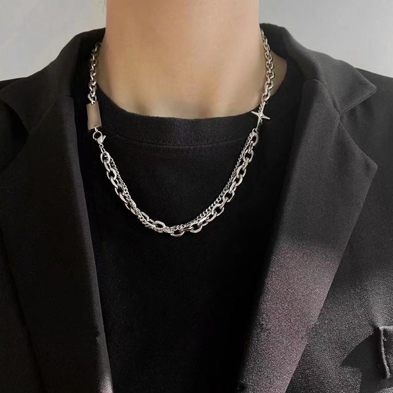 Kalung Jahitan Rantai Double Layer Salib Sederhana ins Pria Gaya Keren Hip Hop Rantai Klavikula Unik