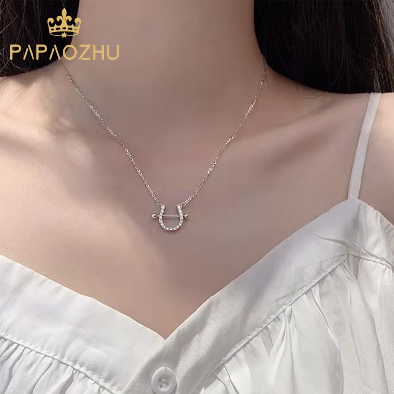 Papaozhu Korea Perak Zirkon Tapal Kuda Kalung Untuk Wanita Gadis Chic Kristal U Bentuk Pesona Kalung Fashion Klavikula Rantai Perhiasan