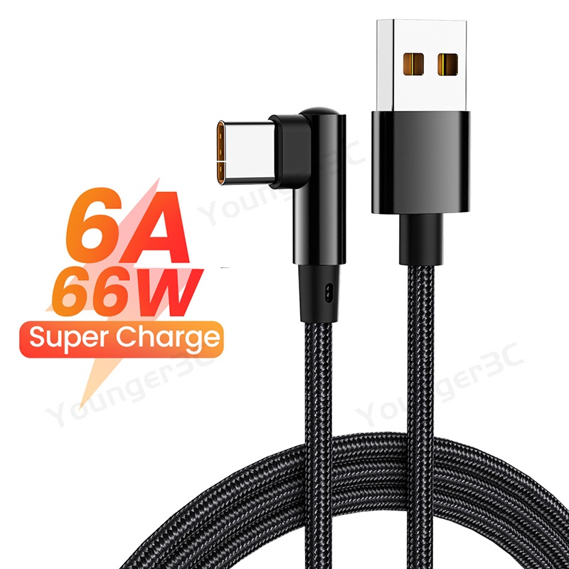 66w Elbow Nylon Woven Mobile Game Kabel Data 6A Super Fast Charging Cord Jalur Pengisian Flash Untuk ios Micro Tipe C