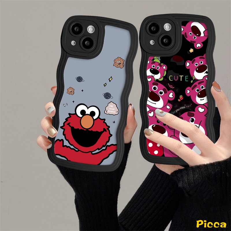 Casing Ponsel Sesame Street Fashion Untuk IPhone XR 7Plus 11 13 11 12 14 Pro Max X XS Max Se2020 6s 8 6 7 Plus Kartun Stwrawberry Bear Manyo Wavy Edge Soft Back Cover