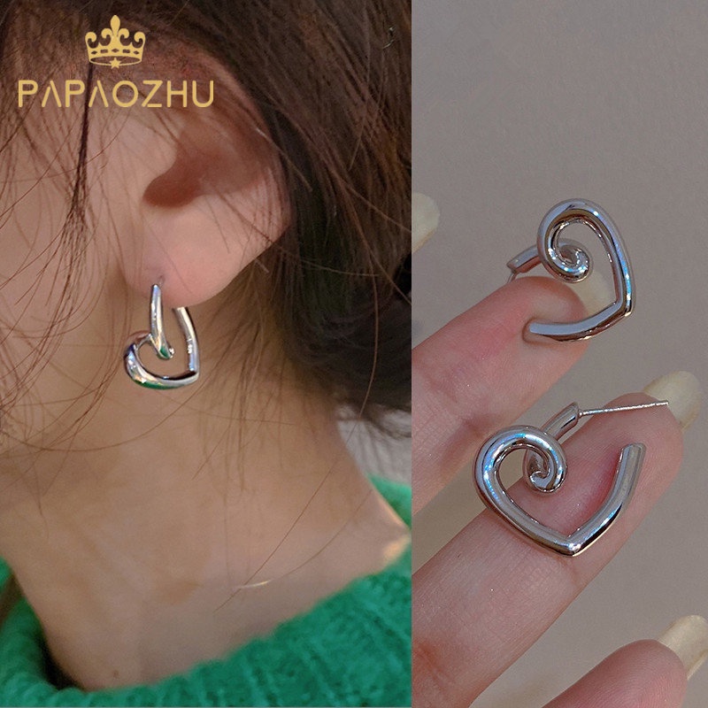 Papaozhu Korea Perak Logam Memutar Hati Chunky Anting Untuk Wanita Gadis Retro Geometris Statement Earring Perhiasan Hadiah