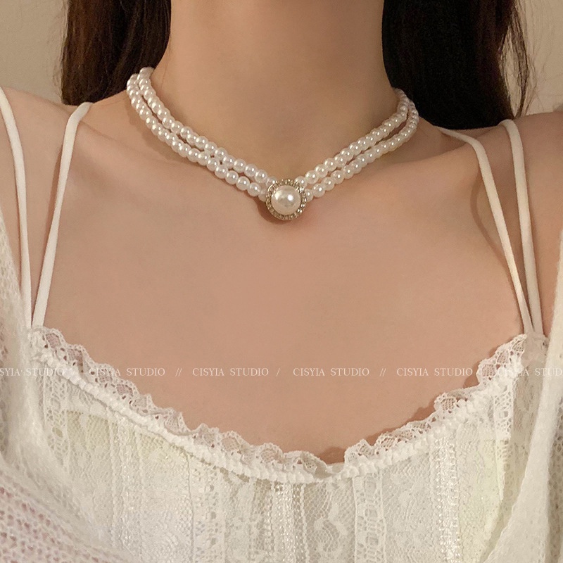 Wanita Fashion Double Layer Kalung Mutiara Berlian Imitasi Kalung