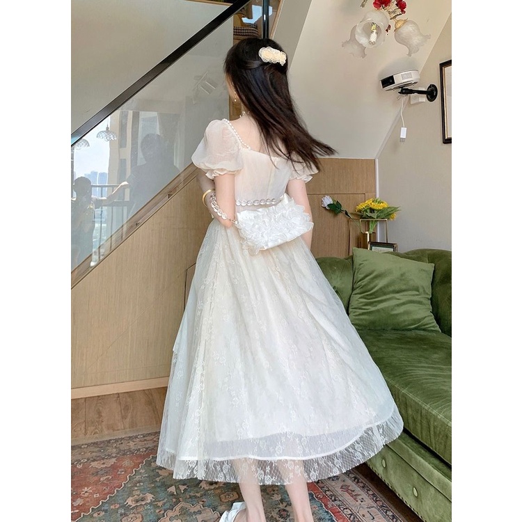 Midi Dress Wanita Prancis Yang Manis Puff Lengan Pendek Renda Dress