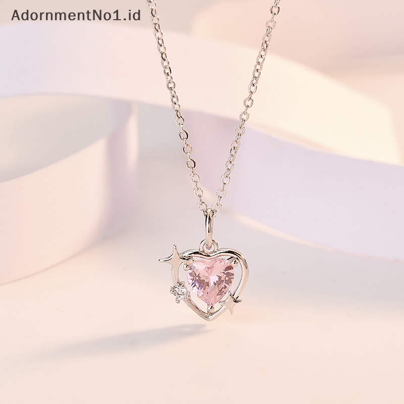 [AdornmentNo1] Gaya korea Fashion Vintage Hollow Pink kristal liontin hati warna Silver kalung rantai leher untuk wanita perhiasan pernikahan