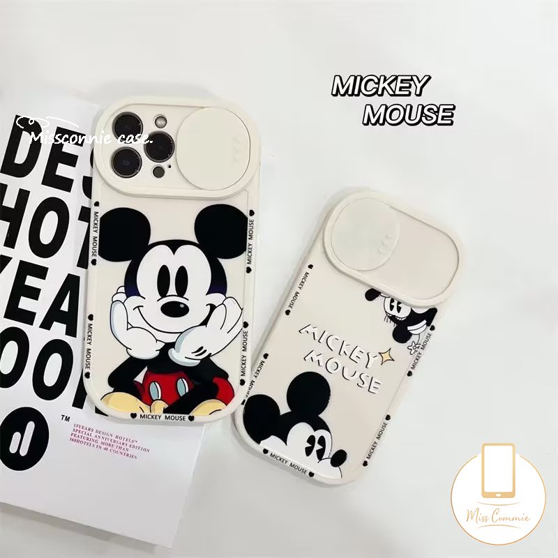 Cartoon Disney Push Pull Window Phone Case Compatible for iPhone 11 13 12 Pro Max XR 7Plus 8Plus X XS Max Cute Mickey Mouse Camera Lens Protector Soft Cover