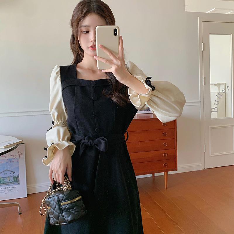 LADYSHOP D288 CORDUROY high-end temperament black all-match dress