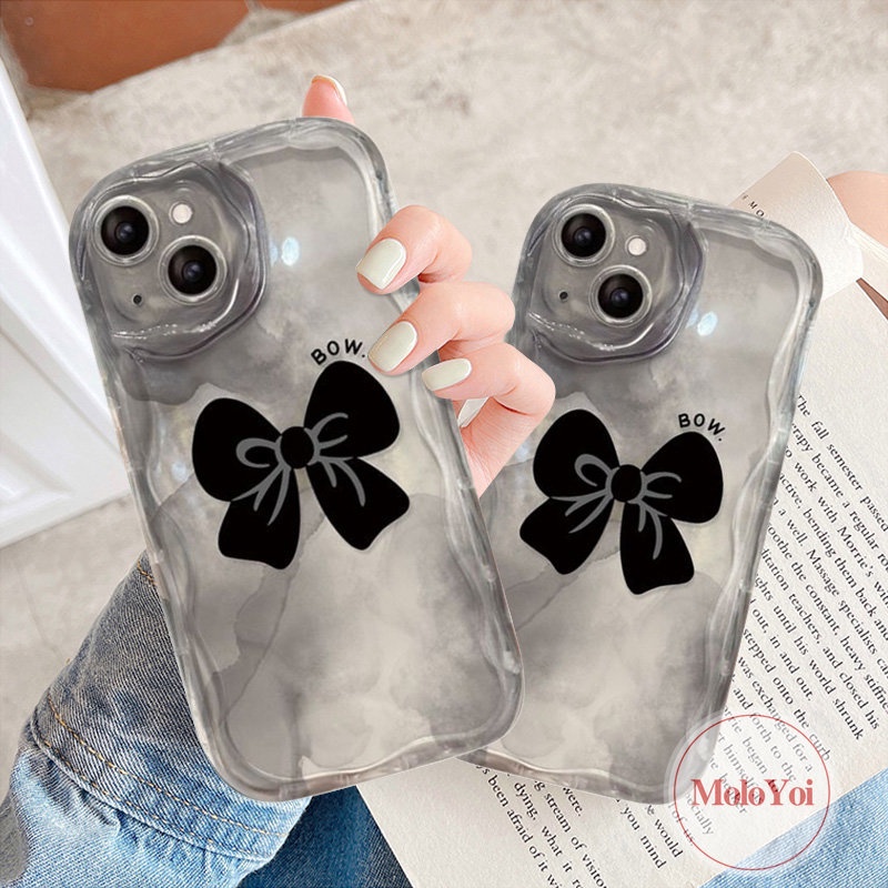 3D Wavy Curved Edge Cover Compatible for IPhone 11 14 13 12 Pro Max XR XS X Max 7 8 6s 6 Plus SE 2020 INS Korean Fantasy Bowknot Ring Holder Holder Bracket Case