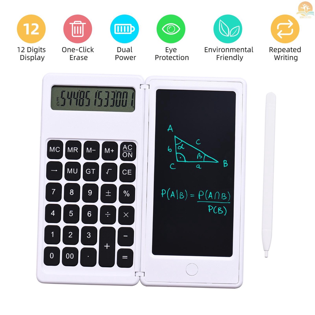 In Stock Foldable Calculator &amp; 6 Inch LCD Writing  Digital Drawing Pad 12 Digits Display with Stylus Pen Erase Button for Children Adults Home Office School Use