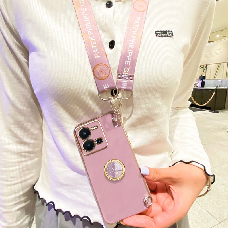 Gloden tree Phone Case Untuk Vivo Y35 Casing Original Dengan Lanyard Standand Jam