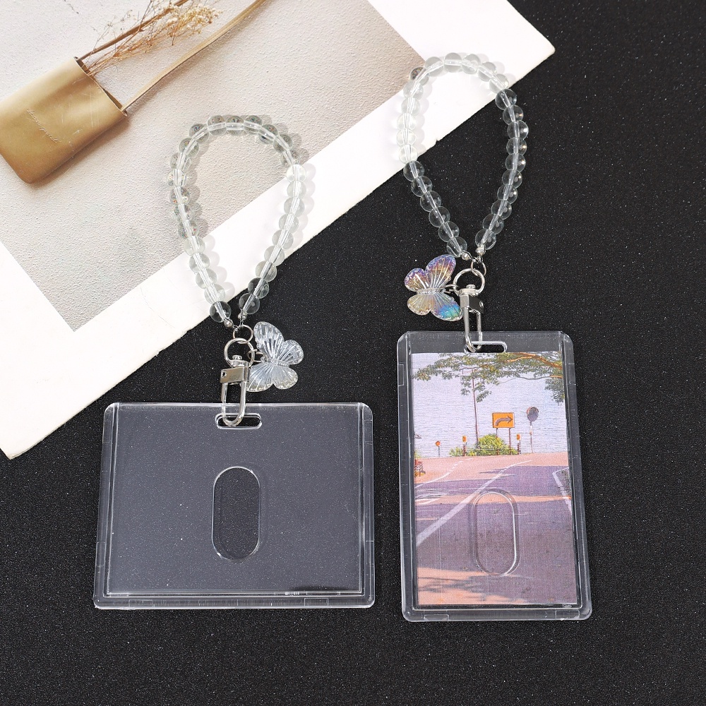 Transparan Penutup Kartu Bus Perlindungan Kristal Kupu-Kupu Manik Rantai Portabel Foto Lengan Ins Gaya Split Keyring Student Card Case Idol Photocard Card Holder DIY Insert Photoes