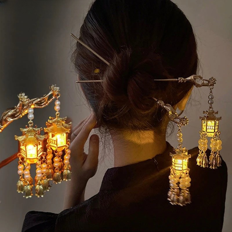 Hadiah Lentera Cina Liontin Rambut Stik Vintage Elegan Wanita Ponytail Holder Hair Clip Hanfu Aksesoris Gaun Prom Light Hair Sticks Hair Pin Hiasan Kepala