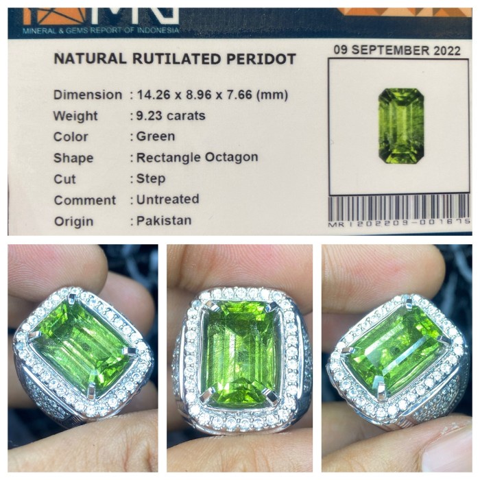 Natural 9.23ct Batu Green Rutilated Peridot Pakistan Cincin Perak