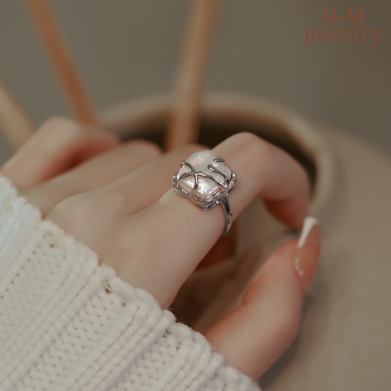 S925 Perak Baru Manis Berliku Cincin Mutiara Retro Bergaya Tetesan Air C-Shaped Open Ring