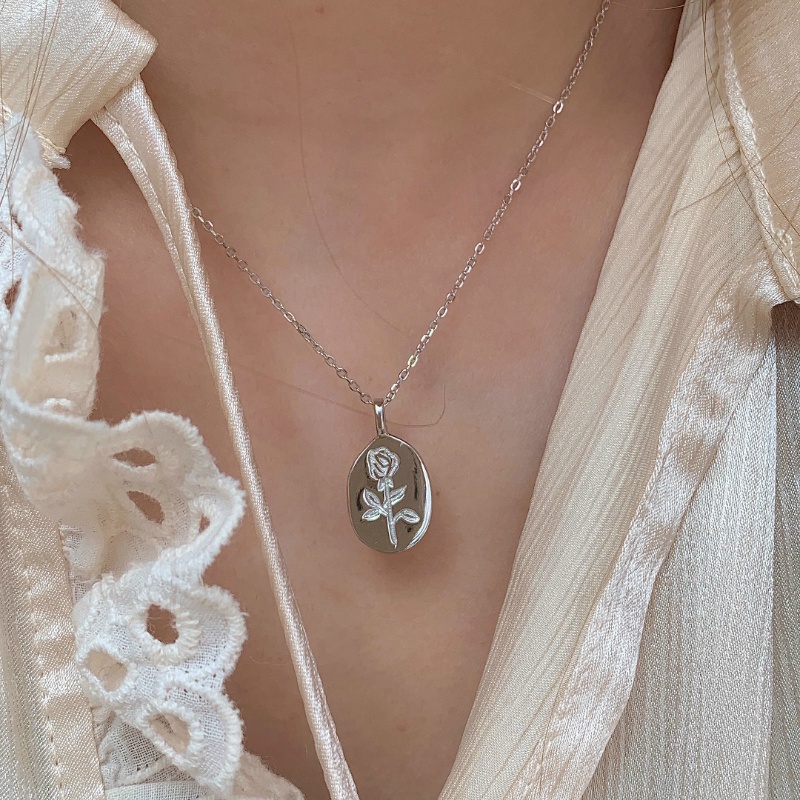 Roselife Retro Perak Mekar Rose Liontin Kalung Untuk Wanita Gadis Elegan Bunga Pesona Tulang Selangka Rantai Kalung Perhiasan Hadiah