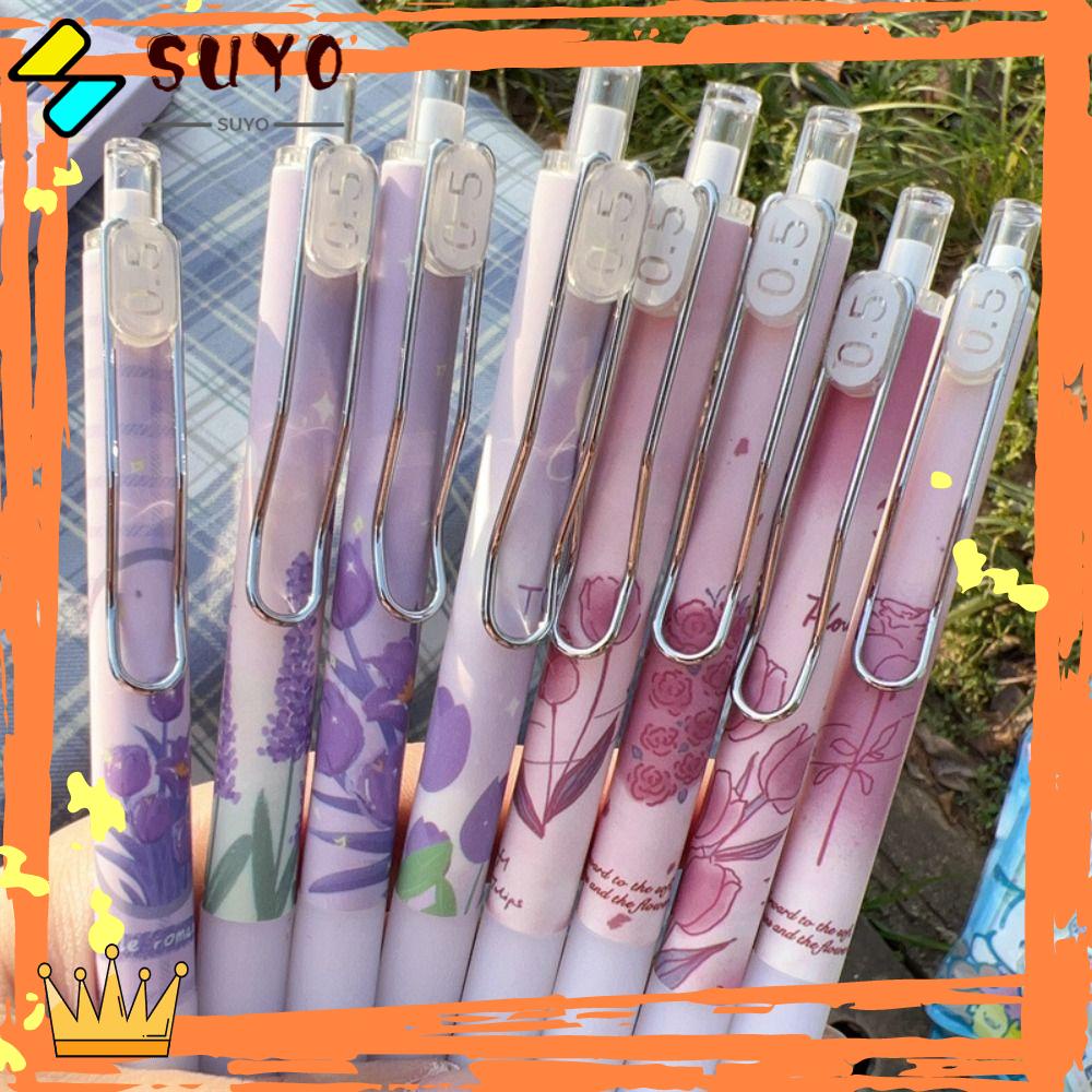 SUYO 4pcs /Set Gel Pens Rose Kartun Dengan Klip Alat Tulisan Tinta Hitam Press Type Signature Pen