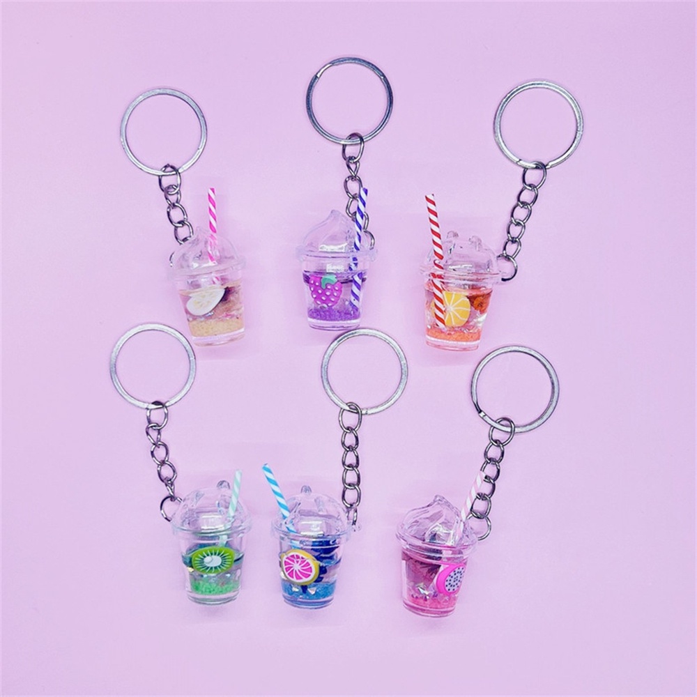 Kreatif Susu Cangkir Teh Bercahaya Gantungan Kunci Trendi Akrilik Buah Slice Isi Keyrings Bag Charms Aksesoris Gantungan Kunci Mobil Hadiah