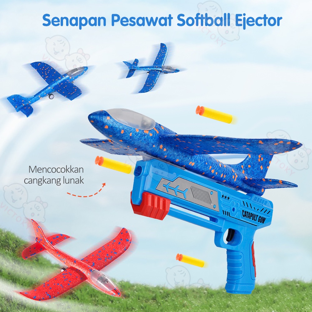 Victoky Mainan Pistol Tembak Pesawat LED / Foam Mainan Anak Catapult Gun