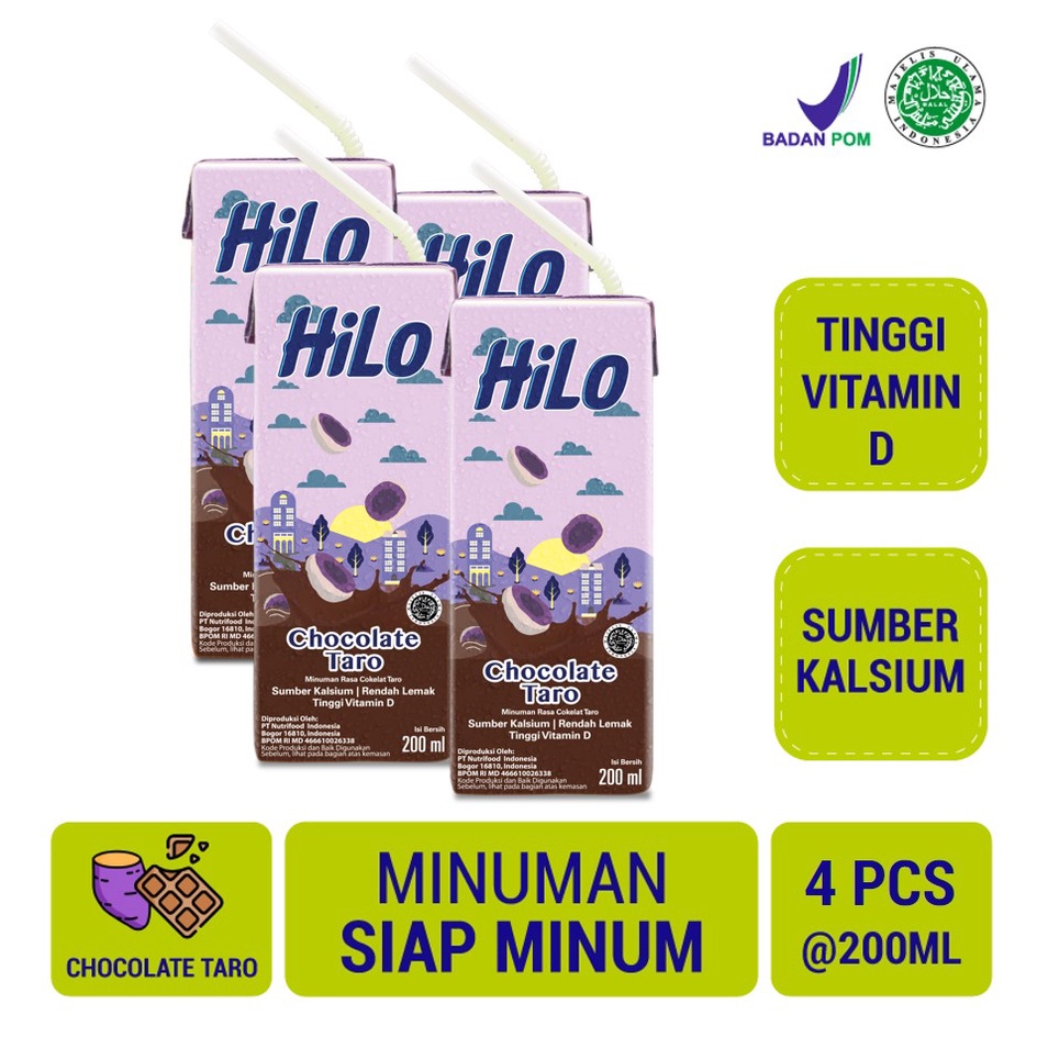 

TERLARIS!! 4 Pack - HiLo UHT Chocolate Taro RTD 200ml (24 pcs) - Minuman Sumber Kalsium Rendah Lemak