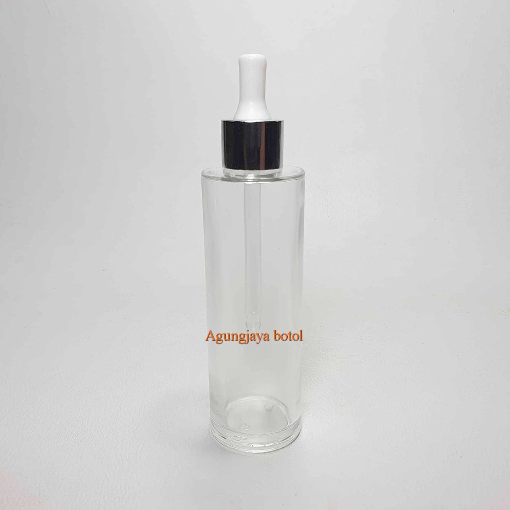 Botol Pipet 100 ml Cilinder Clear Ori Tutup Pipet Alumunium  / Botol Kaca Kosmetik / Botol Kaca Seru
