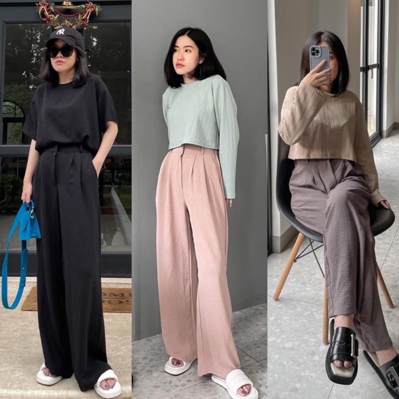 Celana Kulot Crinkle Flowy Jatuh Premium Highwaist Wanita Loose Cullote Pants|Korea lurus warna soli