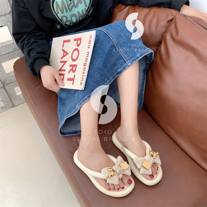 Sandal jepit wanita import bahan karet empuk motif pita teddy bear sendal cewe balance bagus trendy 