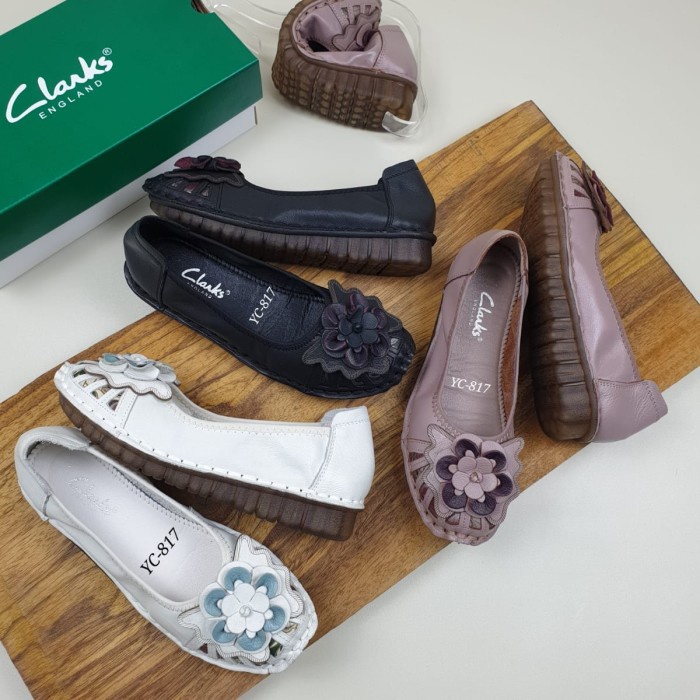New Clarks Flat/Clarks bunga Sepatu wanita kulit asli - Hitam, 36