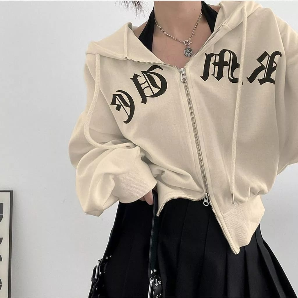 cuci gudang tf - japanese double zipper jaket wanita crop korean style hoodie remaja dewasa kekinian