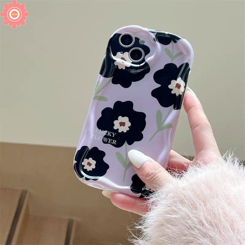 IPHONE Casing Ponsel Kompatibel Untuk Iphone11 14 13 12 Pro Max XR 7Plus 6s 6 7 8 Plus X XS Max SE 2020 3D Wavy Curved Edge Retro Flower Airbag Glossy Shockproof Purple Tpu Soft Cover