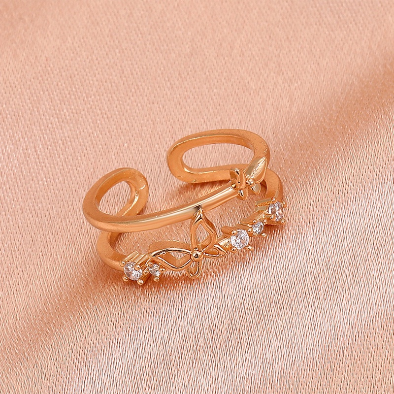 Korea S925 Sterling Perak Rose Gold Berlian Kristal Kupu-Kupu Lapisan Ganda Terbuka Cincin Untuk Wanita Fashion Tembaga Rings