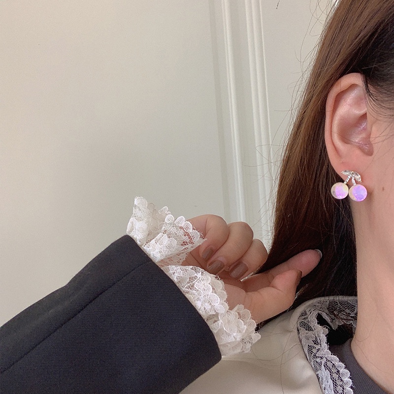 Korea S925 Perak Jarum Opal Gradiasi Cherry Buah Anting Wanita