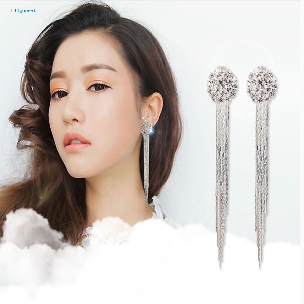 Lilyscent Wanita Berlian Imitasi Mengkilap Panjang Rumbai Menjuntai Stud Earrings Fashion Pengantin Perhiasan