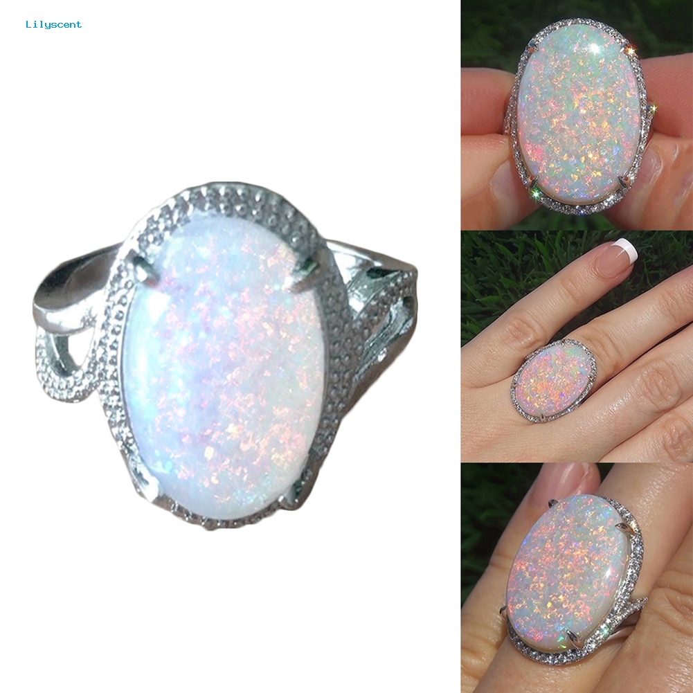 Lilyscent Fashion Wanita Super Bersinar Bentuk Oval Buatan Opal Cincin Jari Perhiasan Hadiah