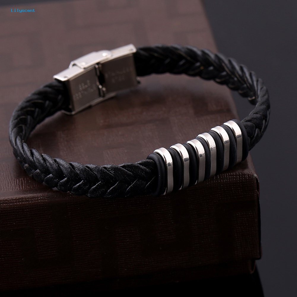 Lilyscent Dikepang Gelang Kulit Imitasi Baja Titanium Pria Gelang Punk Bangle Perhiasan