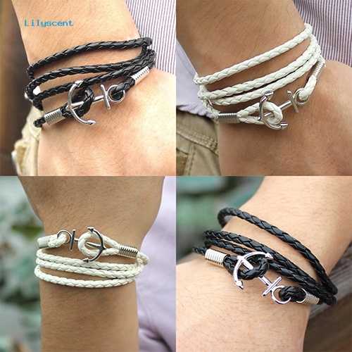 Lilyscent Gelang Kaki Pria Kulit Imitasi Multilayer Braided Bangle Charm Infinity Bracelet