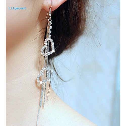 Lilyscent Lady Berlian Imitasi Cinta Ganda Jantung Drop Panjang Jumbai Rantai Menjuntai Linear Earrings