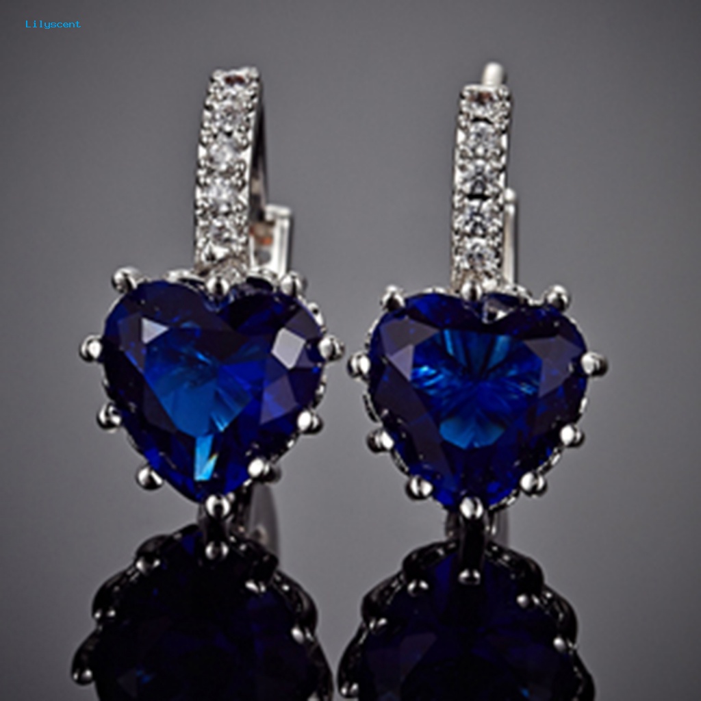 Lilyscent Women's 18K White Gold Plated Sapphire Blue Berlian Imitasi Jantung Leverback Earrings