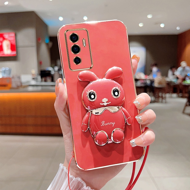 Andyh Case Ponsel Untuk Vivo S10E V23E 4G 5G Kartun Lucu Kelinci Kecil Tepi Lurus Lembut Shell Mengirim lanyard Silikon