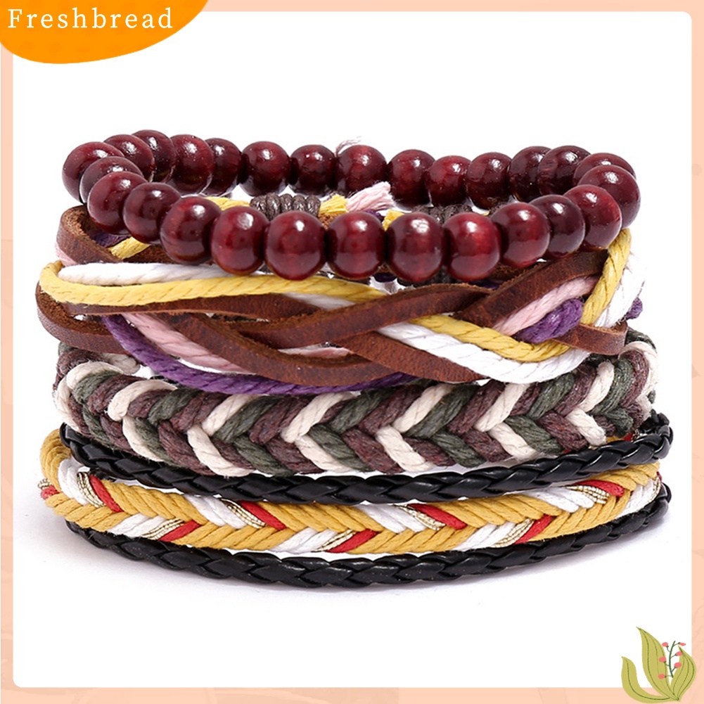 &lt; Freshbread &gt; 4Pcs Pria Kulit Imitasi Tali Dikepang Yang Dapat Disesuaikan Bangle Gelang Pergelangan Tangan Perhiasan