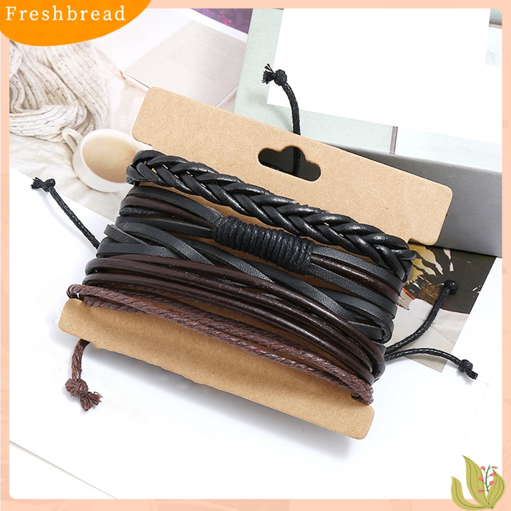 &lt; Freshbread &gt; 4Pcs/Set Multi-layer Kulit Imitasi Dikepang Gelang Tali Linen Adjustable Handmade Unisex Bracelets Perhiasan Aksesoris