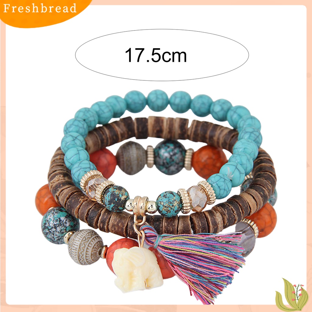 &lt; Freshbread &gt; 3Pcs/Set Tali Elastis Multilayer Resin Wanita Gelang Wanita Bohemia Gajah Rumbai Manik-Manik Gelang Perhiasan Aksesori