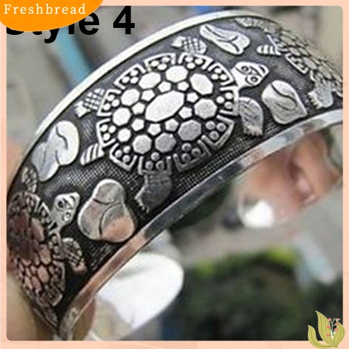 &lt; Freshbread &gt; Vintage Tibet Perak Gajah Diukir Terbuka Bangle Cuff Lebar Gelang Perhiasan