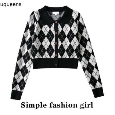 Kardigan Kotak-kotak Hitam Rajut Lengan Panjang Gaya Korea
