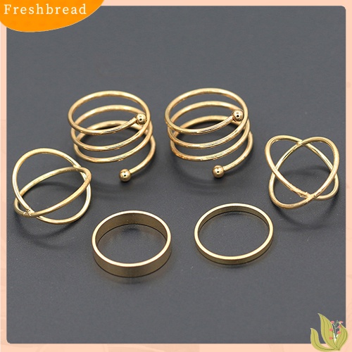 &lt; Freshbread &gt; 6Pcs/Set Wanita Golden Tone Stack Polos Slim Band Midi Ring Spiral Knuckle Rings