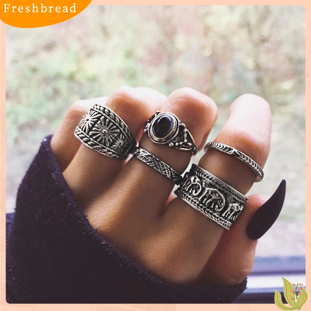 &lt; Freshbread &gt; 5Pcs/Set Ukiran Gajah Bulat Batu Susun Wanita Retro Buku Jari Cincin Perhiasan