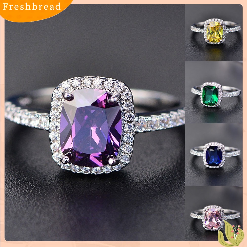 &lt; Freshbread &gt; Bergaya Persegi Faux Gemstone Berlian Imitasi Bertatahkan Cincin Pertunangan Lamaran Band