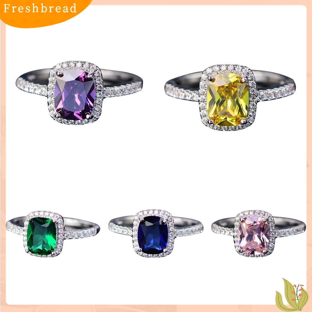 &lt; Freshbread &gt; Bergaya Persegi Faux Gemstone Berlian Imitasi Bertatahkan Cincin Pertunangan Lamaran Band