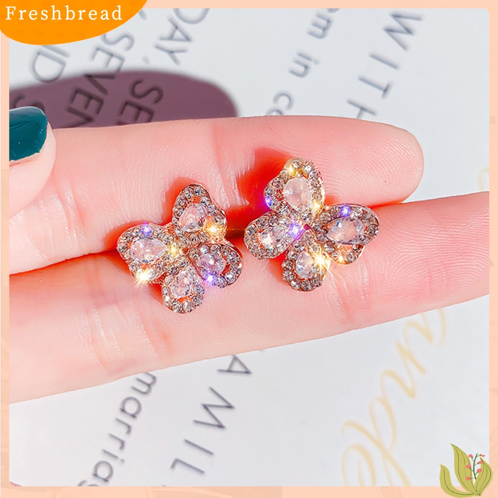 &lt; Freshbread &gt; Wanita Elegan Penuh Berlian Imitasi Bertatahkan Bentuk Kupu-Kupu Stud Earrings Perhiasan Hadiah