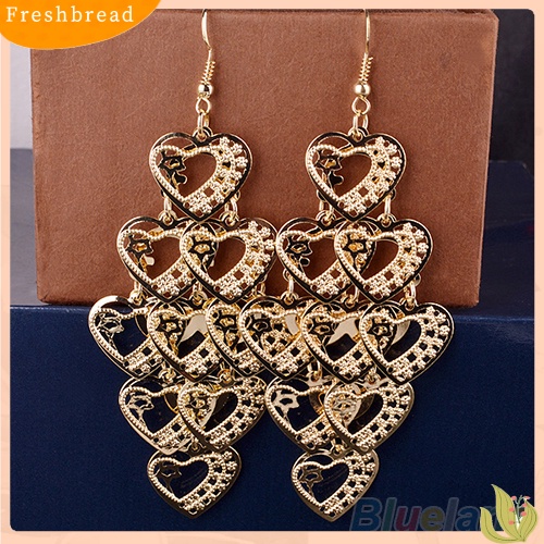< Freshbread > Fashion Wanita Berongga Multilayer Manis Hati Menjuntai Kait Anting Panjang Perhiasan