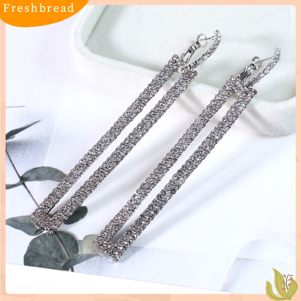 < Freshbread > Wanita Berlian Imitasi Hias Berongga Persegi Panjang Panjang Geometris Menjuntai Anting Perhiasan